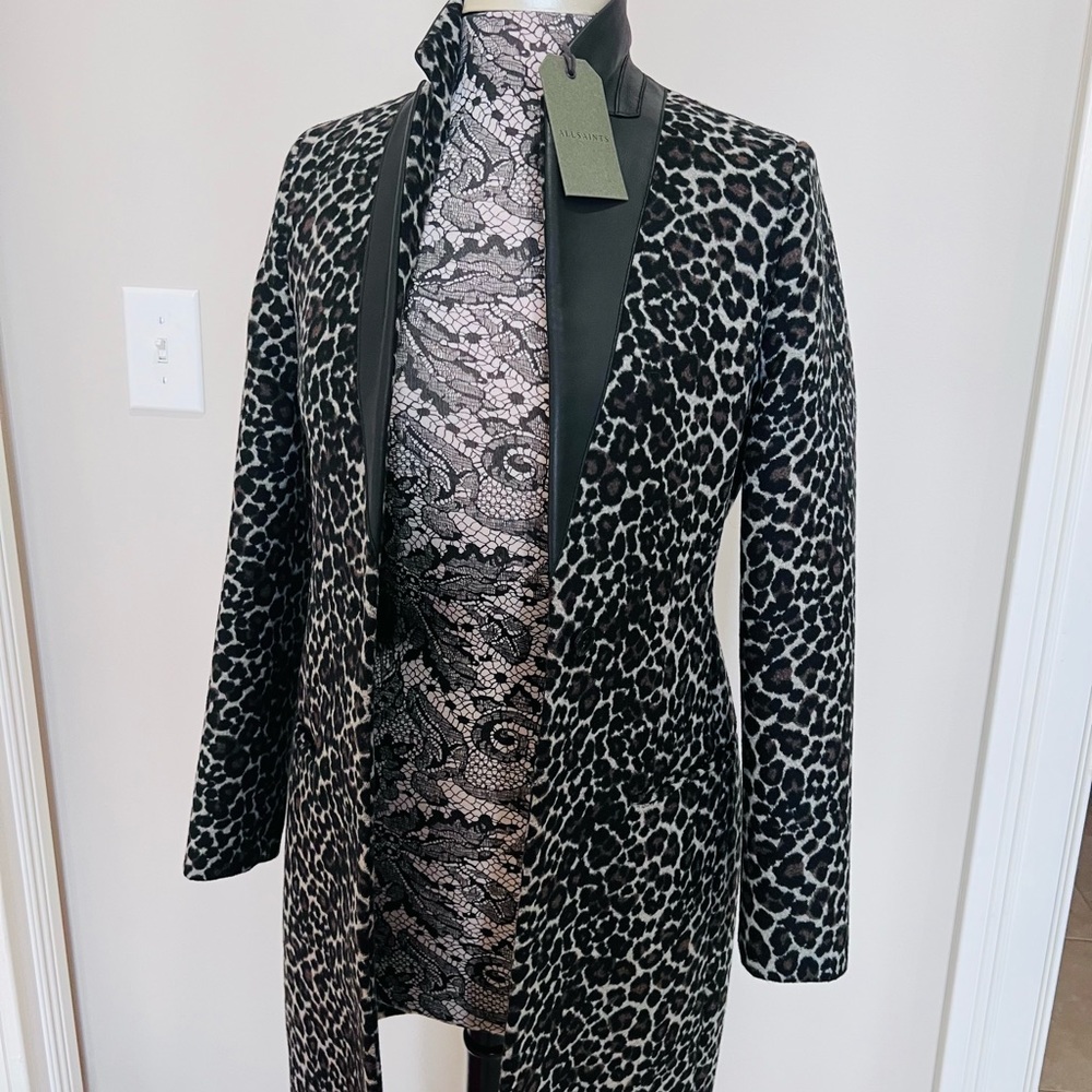 Beautiful All Saints Leni Leo Leopard Print Italian leather and wool blend Coat!